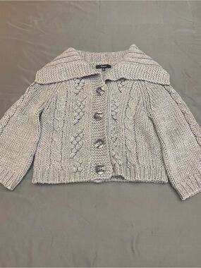 Express Woman’s Knit Button-Up Cardigan in Light Gray